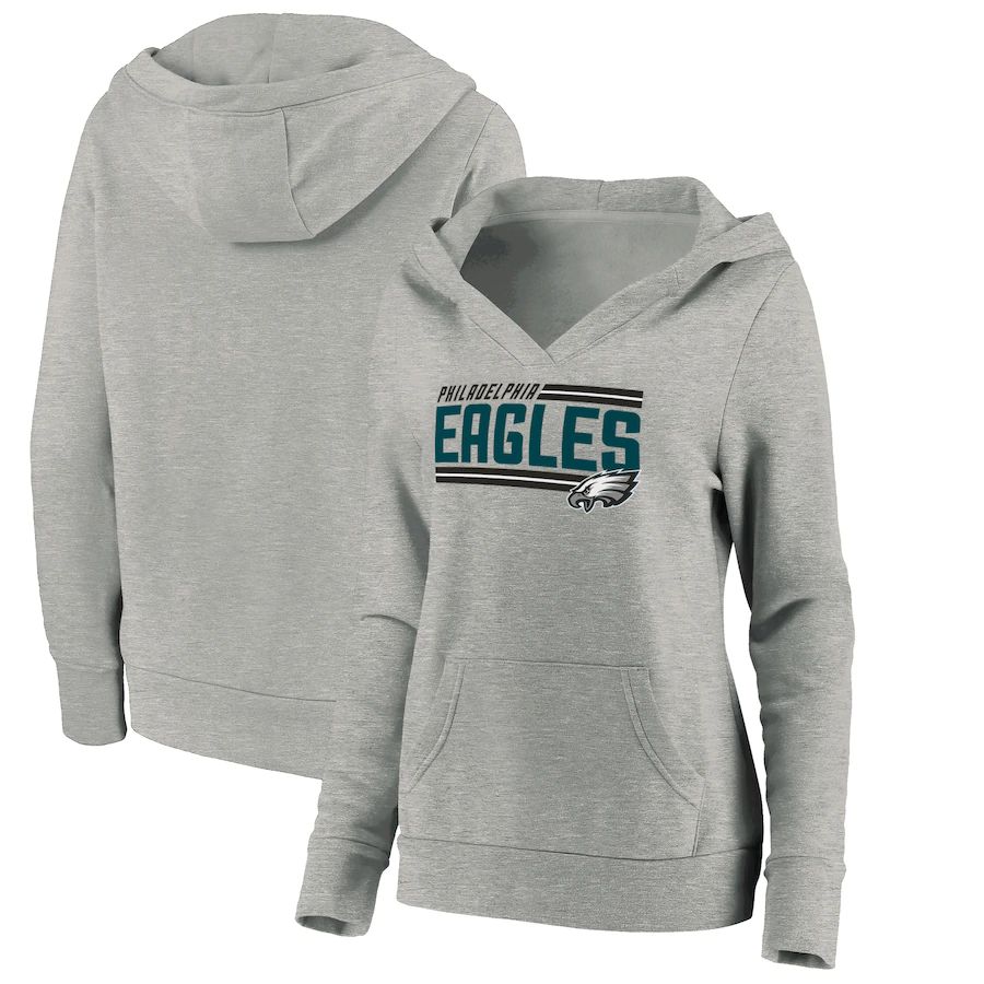 Women Philadelphia Eagles Fanatics Branded Heathered Gray On Side Stripe V-Neck Pullover Hoodie->women nfl jersey->Women Jersey